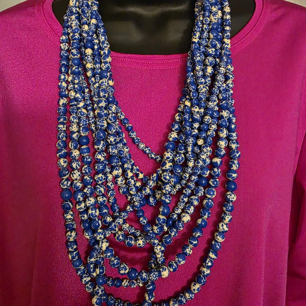 Sassy Jones Vibrant Blue and White Beaded Necklace